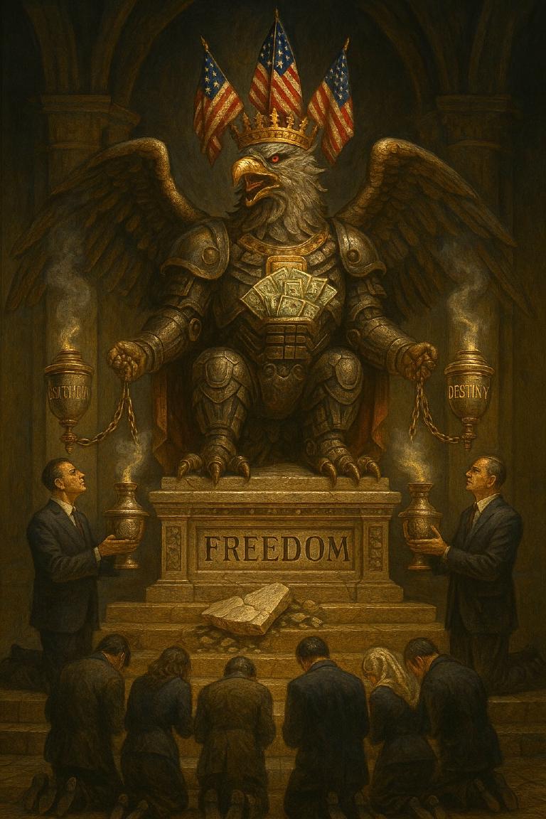 A monstrous idol -- part eagle, part machine -- sits enthroned atop a temple altar. It wears a crown of American flags and is draped in dollars. Priests in suits offer censers of smoke labeled “Security” and “Destiny” as citizens kneel in reverence. A shattered stone tablet marked “Freedom” lies at the base of the altar.