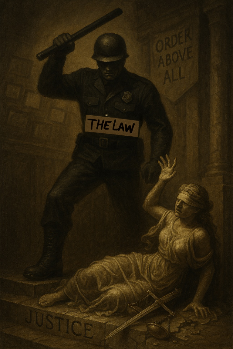 A masked, uniformed figure labeled “The Law” swings a night stick at a bruised Lady Justice, who cowers with broken scales and sword in a dark, ruined courthouse.