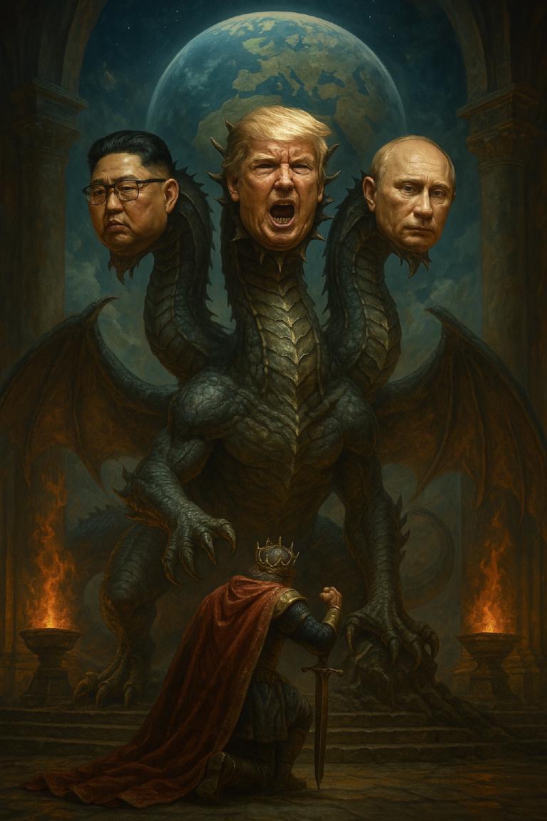 Illustration of self-sovereign humanity kneeling before a monstrous hydra with the faces of Trump, Kim Jong-un, and Putin, symbolizing the surrender of sovereignty to a multi-headed embodiment of authoritarian power.