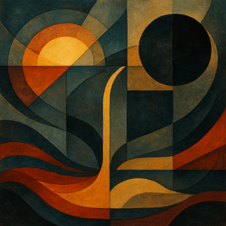 Abstract geometric painting featuring a glowing sunrise on the left and a dark eclipse on the right, connected by flowing curves in warm gold, red, and cool blue tones.