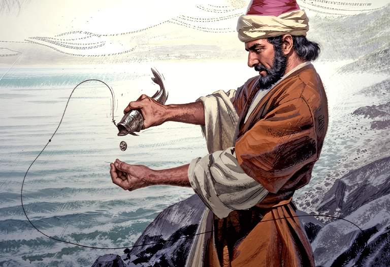 Peter casting a hook into the sea and catching a fish with a coin in its mouth